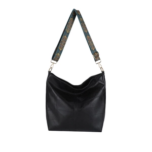 Large black Hobo tote bag with geometric stitching and ethnic print wide shoulder strap