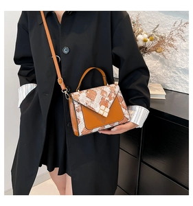 Detail of crossbody bag featuring snakeskin texture contrast and decorative square buckle