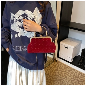 Détails du sac de soirée en velours bordeaux avec perles, chaîne dorée et cadre