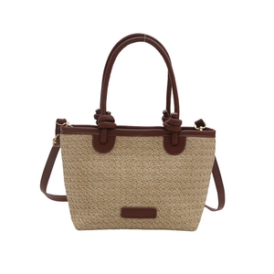 Sac cabas en paille tissée contrastée avec garniture en PU brun et bandoulière réglable