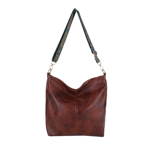 Vintage brown leather tote bag with colorful ethnic style wide shoulder strap