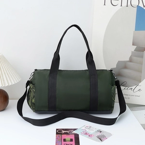 Olive green camouflage duffel bag for travel and fitness with black shoulder straps