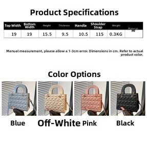 Detailed sizing chart and specifications for the quilted PU leather mini handbag