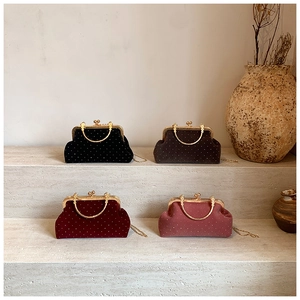Vintage velvet handbag collection in four colors with gold metal handle and chain strap
