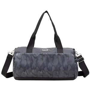 Large gray camouflage nylon gym bag with adjustable strap and fashion logo print
