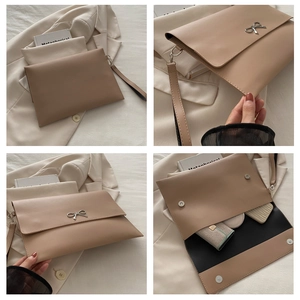Detailed views of a beige envelope clutch with silver bow detail and magnetic closure