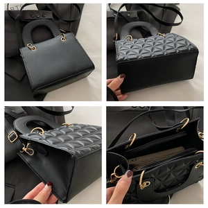 Detailed views of black quilted tote bag with gold hardware and internal compartments