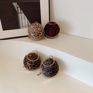 Sphere Evening Bag Leopard Print Rhinestone Metal Ring Handle Detachable Chain Strap Velvet Handbag For Women