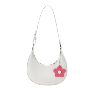Minimalist white leather crescent shoulder bag with pink floral charm decoration