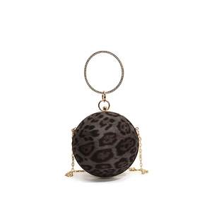 Spherical leopard print evening bag with rhinestone ring handle and gold chain strap