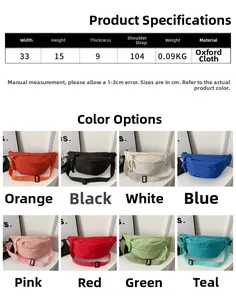 Size chart for casual oxford cloth chest bags showing dimensions and eight color options