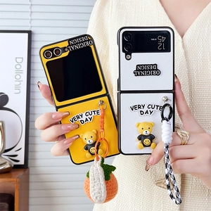 Foldable Phone Case PC Leather Texture Cute Bear Knitted Fruit Pendant Checkered Wrist Strap Shockproof Protective Cover