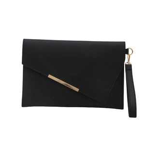 Minimalist black matte leather envelope clutch bag with gold bar and wrist strap