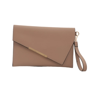 Chic nude pink envelope clutch bag with gold metal trim and matching wrist strap