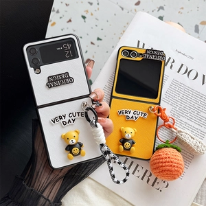 Cute bear leather phone case for Samsung Z Flip 5 with checkerboard wrist strap and charms