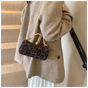 Detail of leopard print hard shell box bag with gold metal handle and chain strap