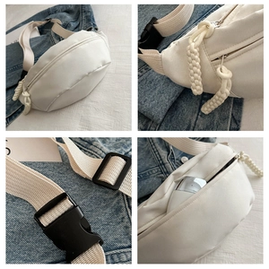 Detailed views of a white casual chest bag featuring woven rope zippers and plastic buckles