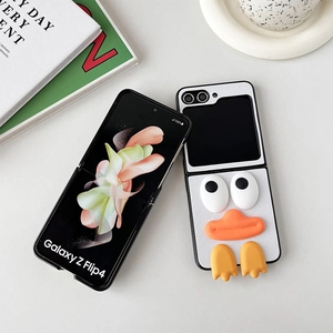 Detail of cute 3D cartoon duck leather case for Samsung Galaxy Z Flip4 with 3D feet