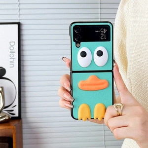 Detail of leather phone case with cute duck character for Samsung Galaxy Z Flip