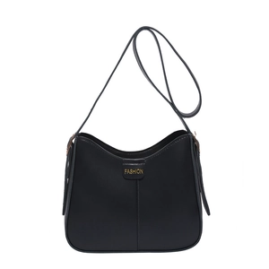 Classic black PU leather bucket bag with adjustable strap and golden fashion lettering