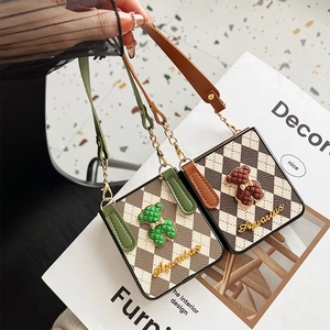 Beige and green checkered crossbody phone case with bear ornament for Samsung Z Flip 6
