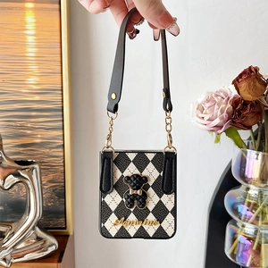 Checkerboard leather phone case for Samsung Z Flip 6 with bear charm and crossbody strap