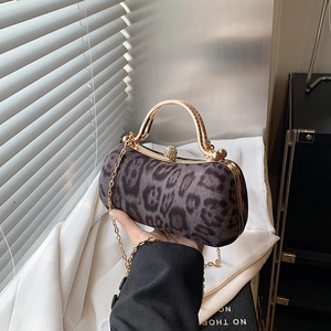 Fashionable leopard print box clutch with gold metal handle and chain for women