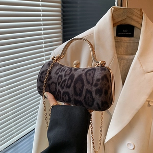 Elegant leopard print evening clutch bag with metal handle and detachable chain strap