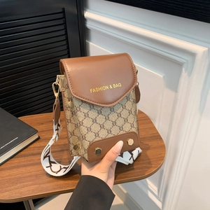 Contrast stitching crossbody flap bag with retro monogram canvas and wide shoulder strap