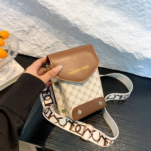 Vertical plaid monogram crossbody bag with wide shoulder strap in brown and white finish