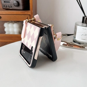 Pink quilted leather crossbody case with shoulder strap for Samsung Galaxy Z Flip4