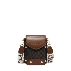 Contrast leather crossbody bag with brown monogram pattern and wide graphic strap