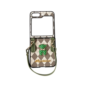Crossbody phone case for Samsung Z Flip 6 with quilted bear pattern and green strap