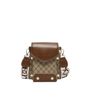Vintage checkered crossbody bag with leather trim and wide canvas strap in center view