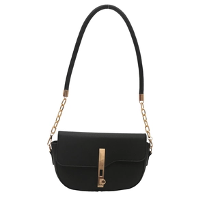 Classic black leather saddle bag with gold metal lock and chain strap for women