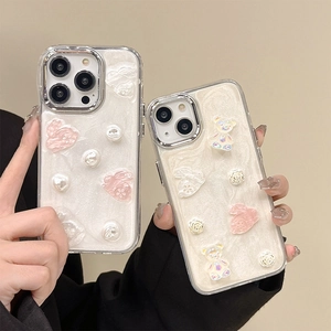 Glitter Artificial Pearl White Phone Case For iPhone Soft Silicone 3D Resin Rabbit Bear Flower Rhinestone Fashion Shockproof Cover