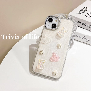 Detail of iPhone case with 3D resin bear, rabbit and white roses on glitter background