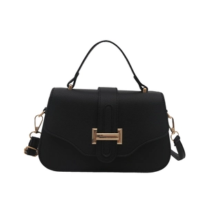 Black litchi pattern crossbody bag with golden metal buckle and top handle on white background