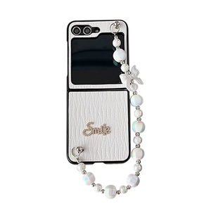 White leather folding phone case with pearl strap and rhinestone Smile charm