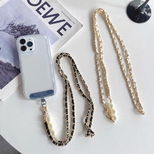 Luxury Crossbody Phone Lanyard Braided Leather Metal Chain With Artificial Pearl Decoration And Clear Phone Case For Women