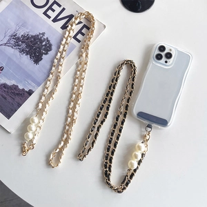 Crossbody phone chain with woven leather straps and elegant pearl charms on white background
