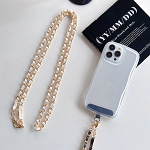 Transparent wavy phone case with golden metal braided crossbody strap on white background