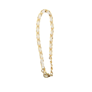 Elegant gold metal chain interwoven with white leather featuring a durable lobster clasp