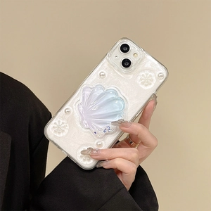 Coque iPhone scintillante avec support coquillage perlé et décors de flocons