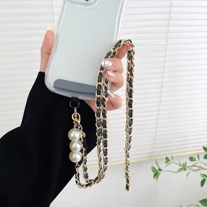 Luxurious pearl and black leather woven phone strap with golden metal clasp and charms