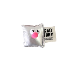 Silver square pillow phone grip with large eyes and pink nose on white background