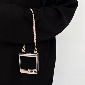Pink lychee leather case for Samsung Galaxy Z Flip series with woven chain shoulder strap