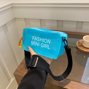 Petit sac bandoulière transparent bleu vif avec imprimé blanc et large sangle réglable