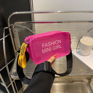 Fuchsia transparent PVC crossbody bag with fashion mini girl lettering and adjustable strap