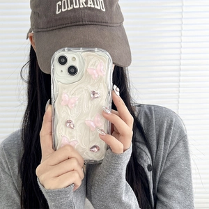 Pink butterfly phone case with 3D rhinestones on cream glue for iPhone models